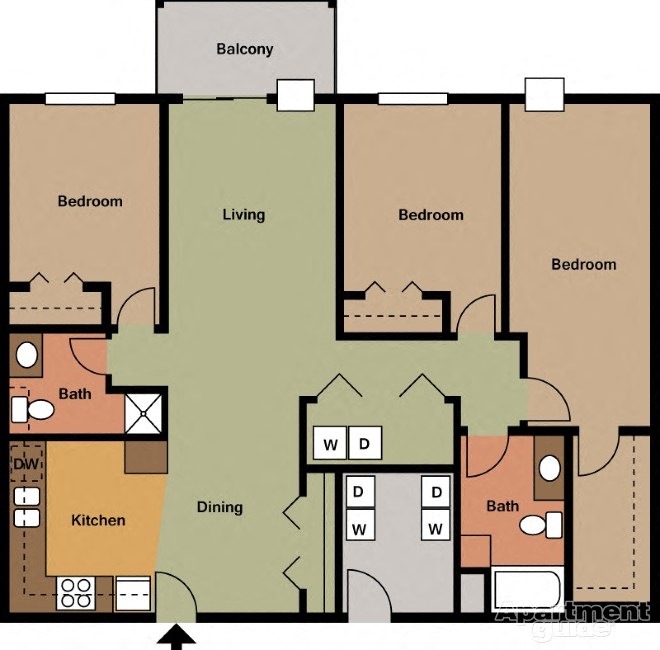 Floor plan for 3 beds, 2 baths, 1336 sqft
